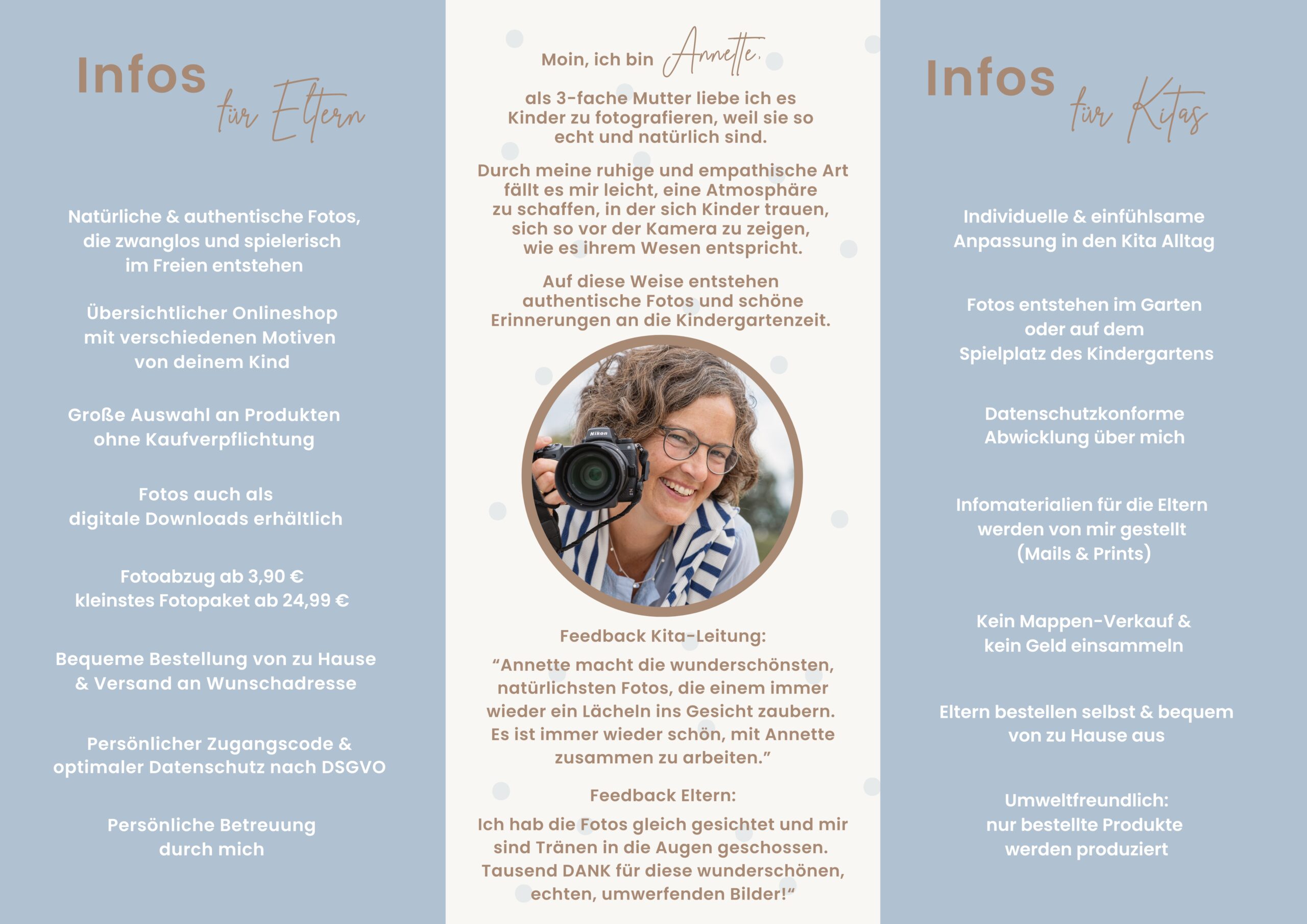 Kita Fotografie Flyer von Annette Kleinschmidt Fotografie Glücksburg, Flensburg und Umgebung mit Informationen über die natürliche Kindergarten Outdoor Fotografie.
Flyer-Innenseite.